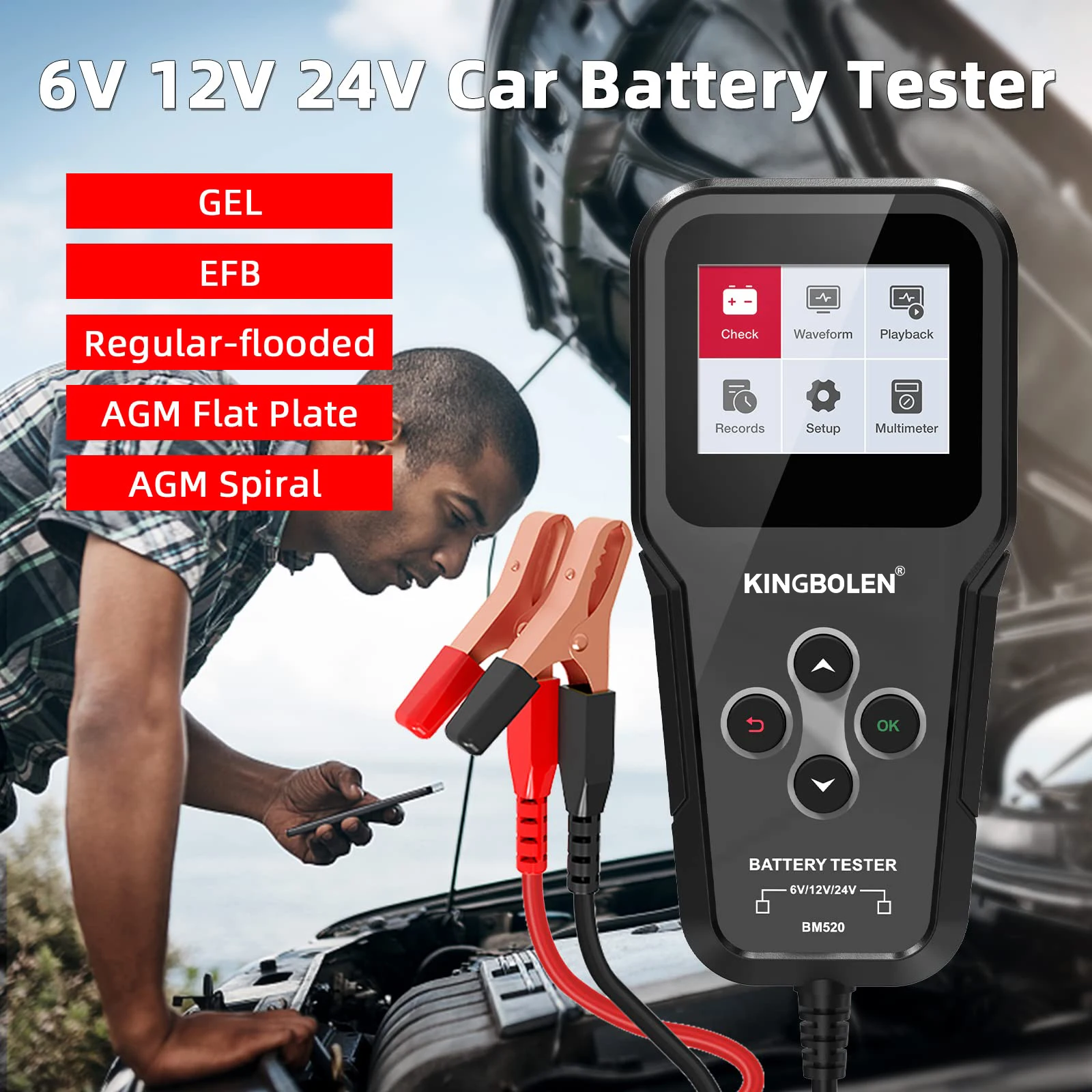 KINGBOLEN BM550 Car Battery Tester, 6V/12V/24V 100-2000 CCA Voltage Battery  Tester Digital Automotive Battery Analyzer for Cars Trucks Motorcycles 