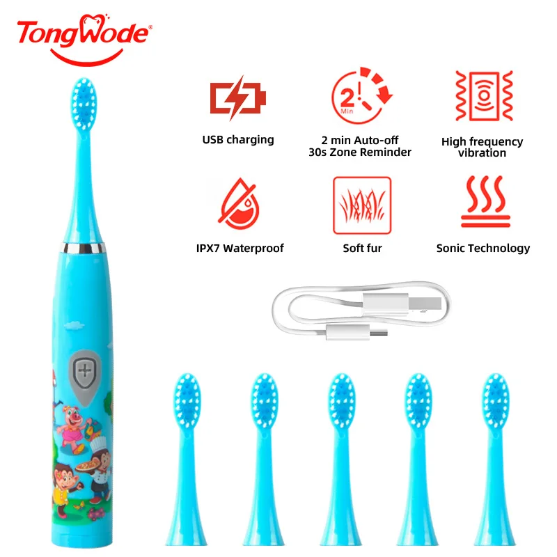 Colorful Cartoon Kids Sonic Electric Toothbrush with USB Rechargeable & Waterproof Design, Includes Soft Bristles and Replacement Head