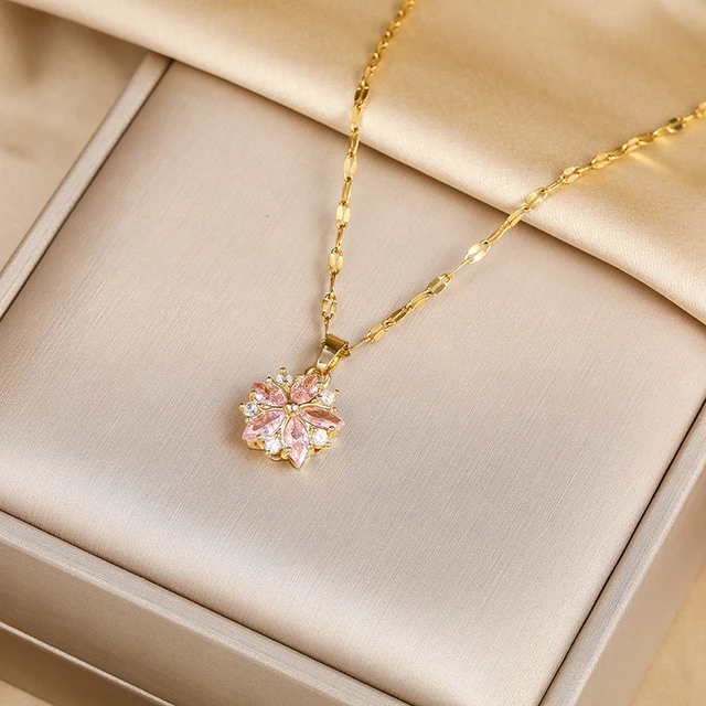 New Cute Romantic Pink Sakura Pendant Stainless Steel Necklaces For Women Korean Fashion Female Sexy Clavicle Chain Jewelry Gift 1