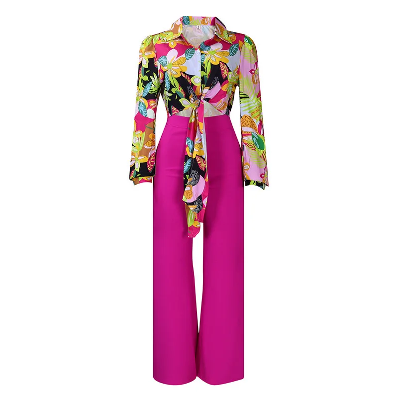 Fashion New Women's Spring and Autumn Suit Printed Lapel Long-sleeved Shirt Top Wide-leg Trousers Slim Trousers Two-piece Set