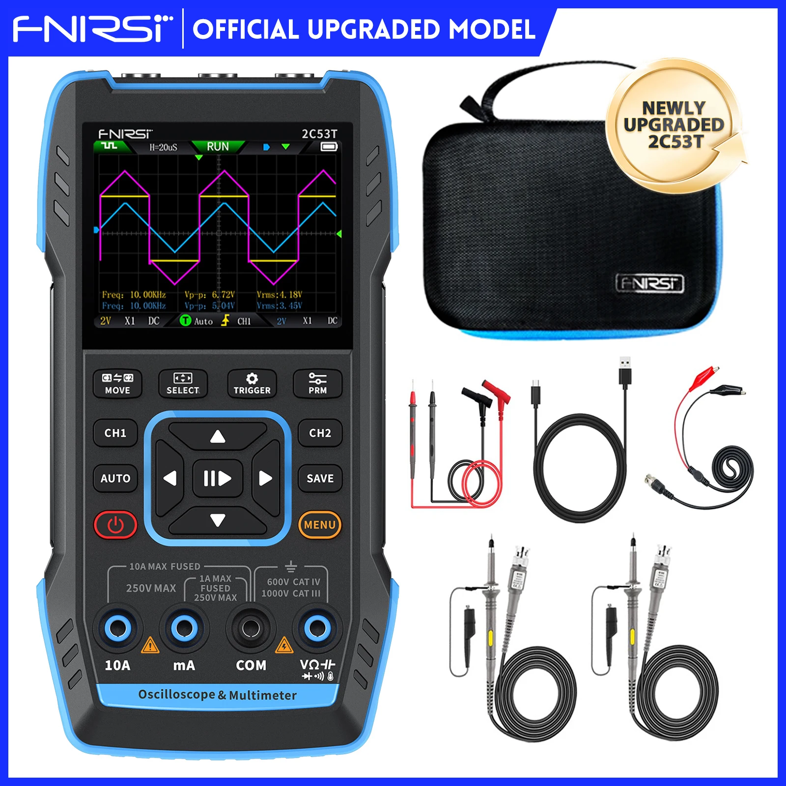 Digital Oscilloscope FNIRSI 2C53T Upgraded Handheld Oscilloscope 50MHz Bandwidth 3IN1 Digital Oscilloscope Multimeter DDS Generator 250MS/s Sampli