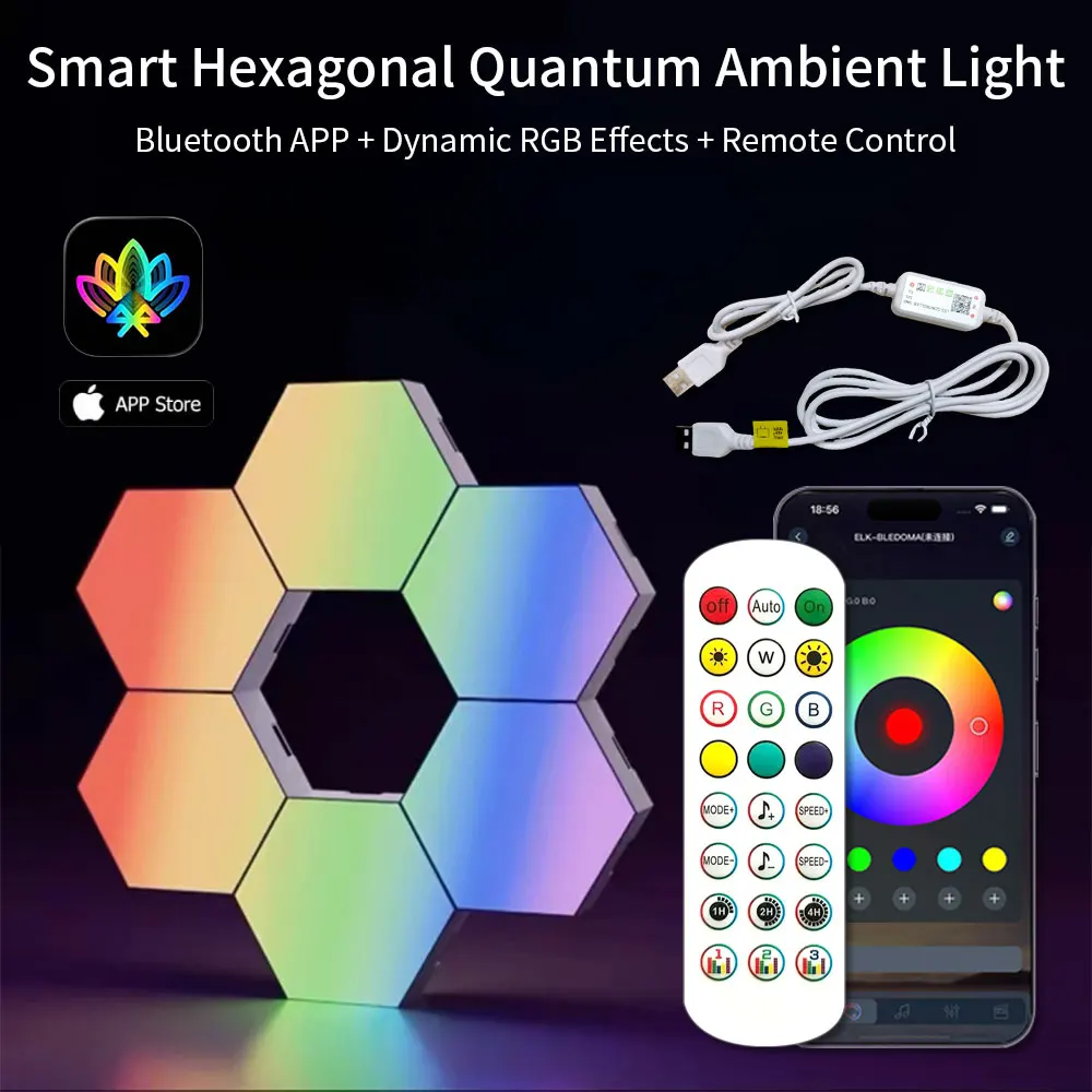 Smart RGB Hexagon LED Wall Panels USB Powered – DIY Modular Ambient Lighting, Color Changing, Dimmable with App & Music Sync for Gaming Room