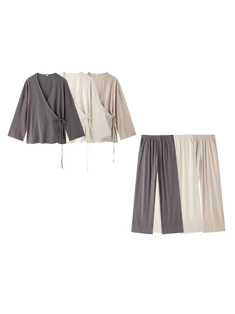 Women's Loose Kimono Blouse and High Waist Pants Set