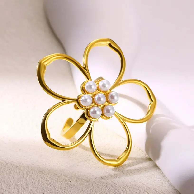 Stainless Steel Big Flower Pearl Rings For Women