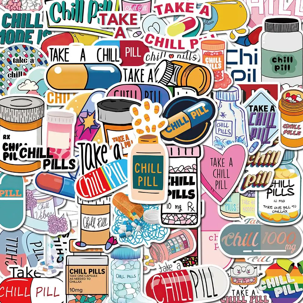 10/52PCS Chill Pill Cartoon Stickers Vintage Car Guitar Motorcycle Luggage Skateboard Suitcase DIY Graffiti Sticker Decals Kids 10 30 52pcs retro character lady sticker laptop phone guitar skateboard suitcase water cup diy handbook decals graffiti stickers