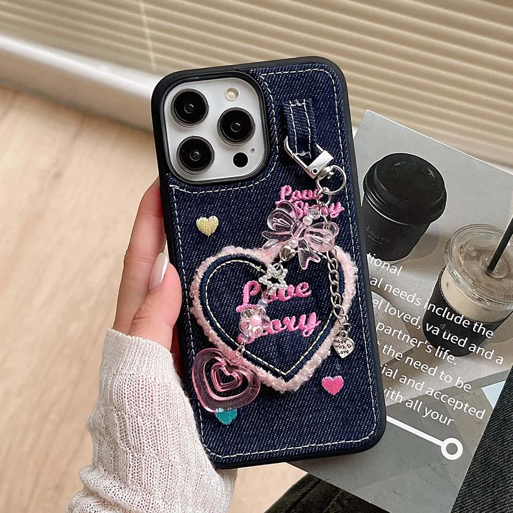 Ins Love Heart Jean Cloth Denim Case with Pendant For iPhone