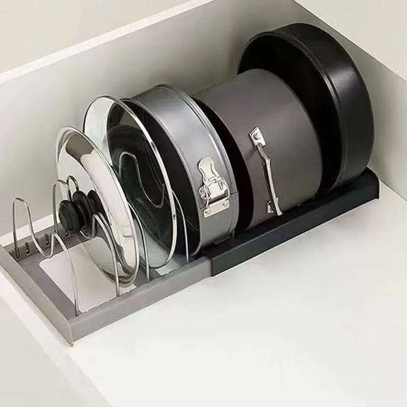 Expandable Pot and Pan Organizers Rack Holder Kitchen Cabinet Pantry Bakeware Organizer Rack 6 Adjustable Compartments