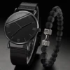 Fashion Men Mesh Band Quartz Watch with Beads Bracelet Black 1