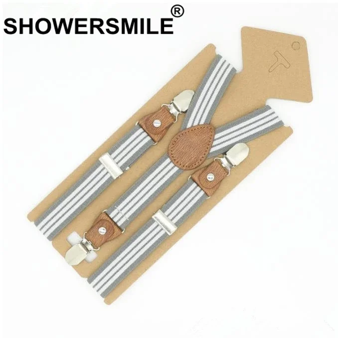 SHOWERSMILE Braces For Children Suspenders Strap Pink Stripe Leather Pants Strap Clips Tuxedo Suspensors For Boys Girls Tirantes