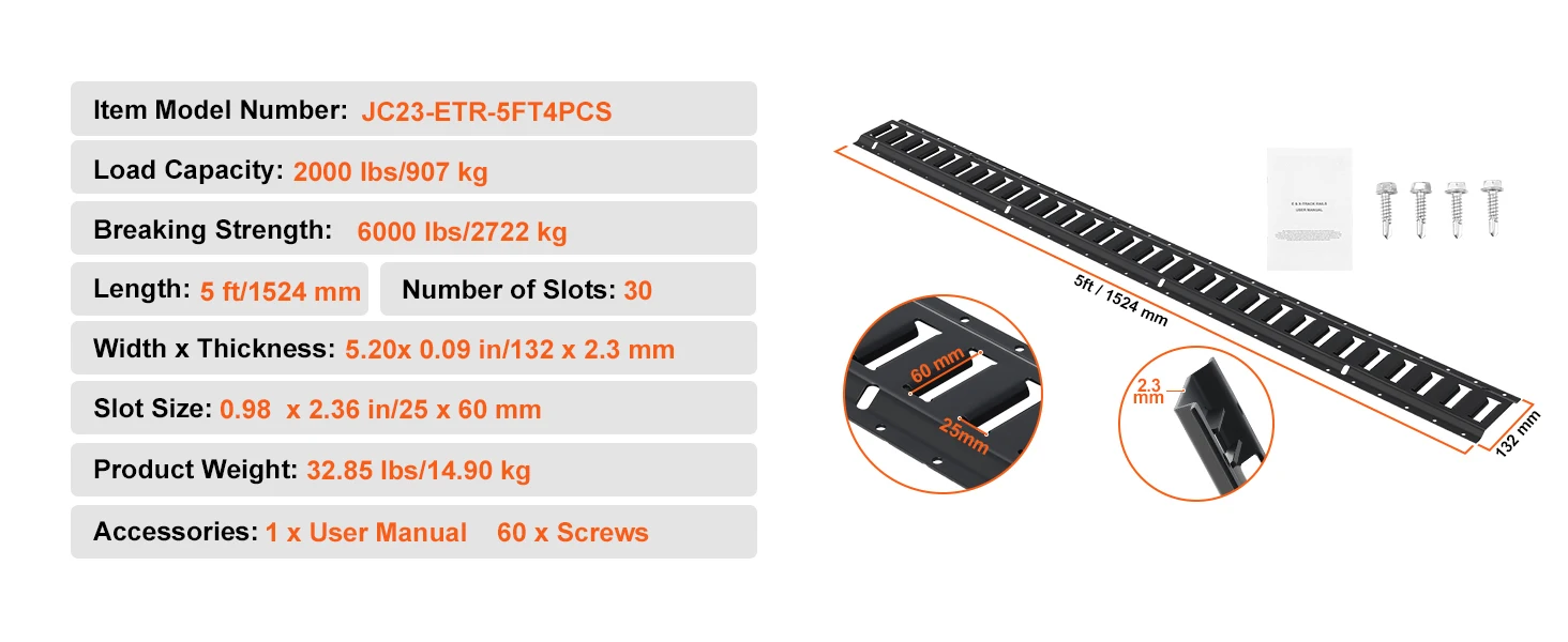 Rail E-track de 5 pieds