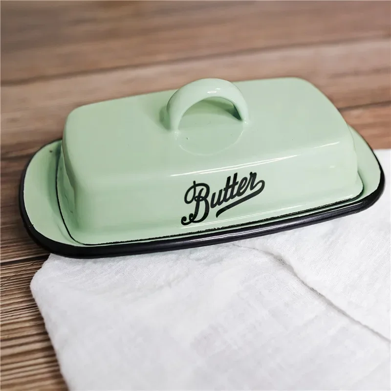 Retro Nostalgic Enamel with Lid Snack Tray Home Kitchen Tableware Butter Box Cheese Storage Box Butter Dish Cheese Plate butter storage box