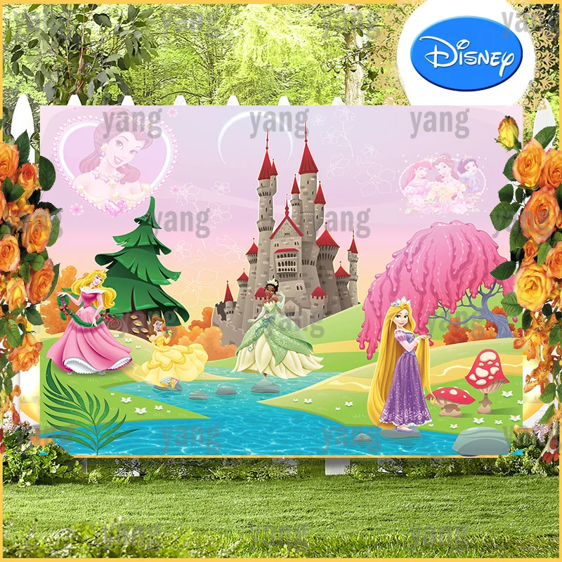 Personalizzato Romantico Disney Princess Cenerentola Tiana Aurora Cartoon Birthday Party Outdoor Castle Sfondo Fotografia Sfondo