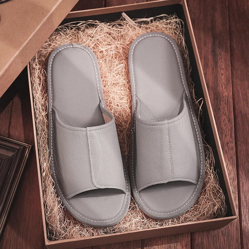 Genuine Leather Women's Summer Indoor Slippers Non-Slip Soft Couple Home Shoes Comfortable Cow Leather Men Casual Slippers