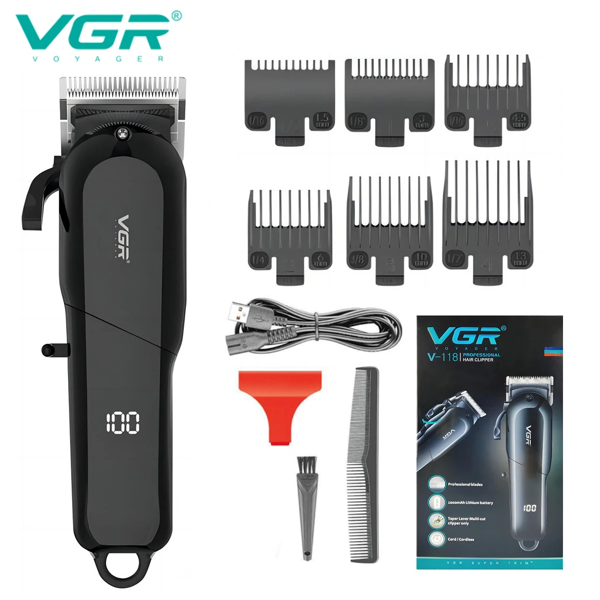 VGR Hair Trimmer Professional Electric LED Display Hair Cutting Machine Cordless Rechargeable Barber Hair Trimmer for Men V-118