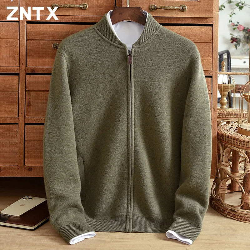 ZNTX 남성용 퓨어 캐시미어 가디건, 두꺼운 스웨터, 루즈한 하프 터틀넥 지퍼, 중년 아빠 세트, 단색 따뜻한 코트 니트