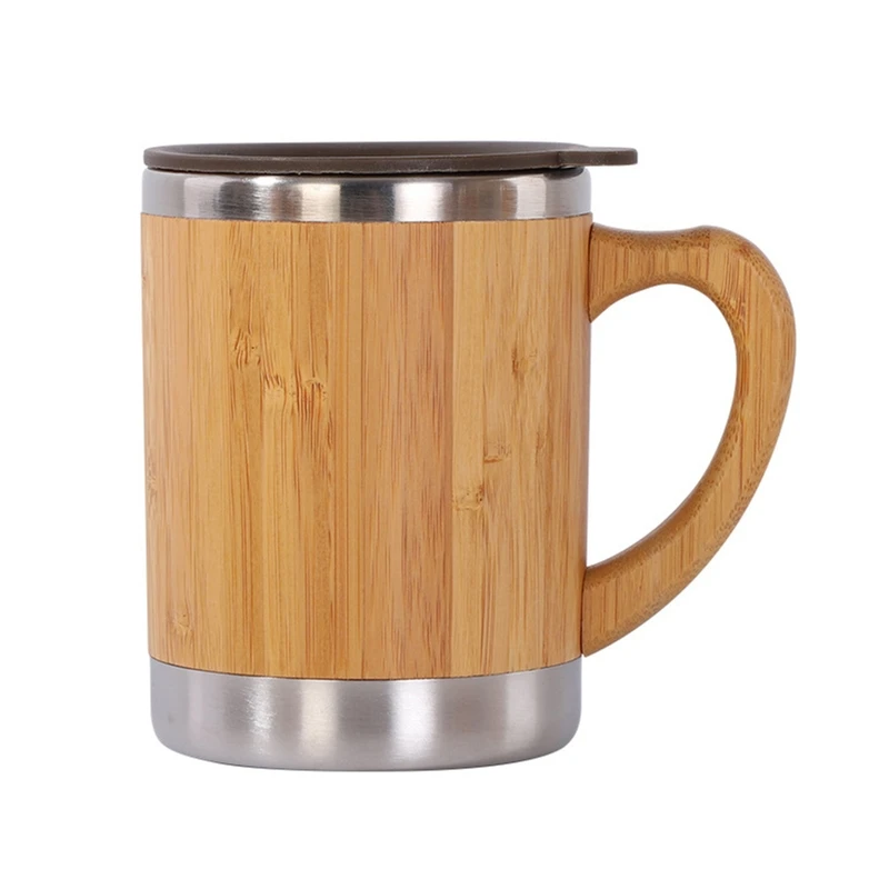 

2024 New Rustic Bamboo Coffee Mug with Lid Handle Stainless Steel Thermos Tea Cup for Latte Tea Chocolate Juice Water 12 Ounces