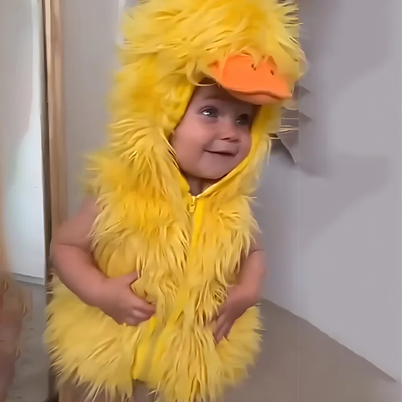 Baby Duck Costume Infant Toddler Fluffy Yellow Duckling Outfit with Hooded Hat Kids Halloween Carnival Party Jumpsuit