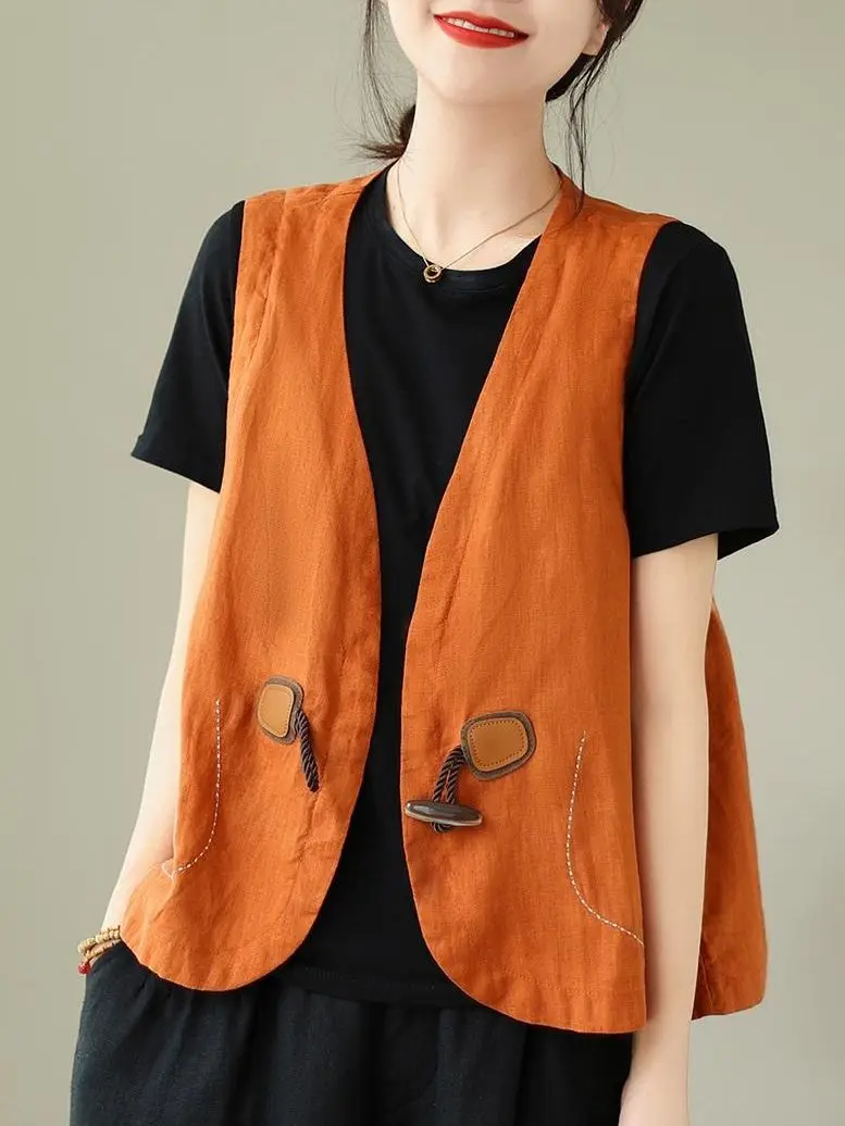 

Vintage Ethnic Style Solid 2023 Summer New Solid Cotton Line Vest Women's Loose Horn Button Sleeveless V-neck Vest Top Outerwear
