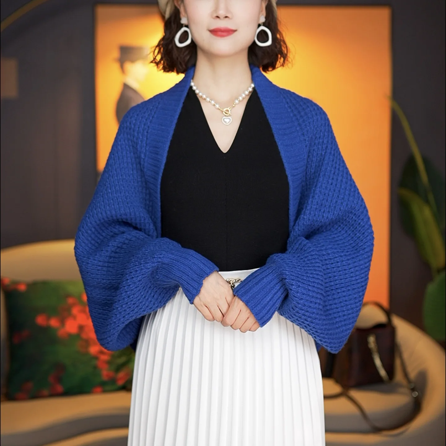 

Женский укороченный свитер с длинным рукавом, кардиган с открытой передней частью, легкая Вязаная Шаль, топы, накидка, пончо, синяя накидка