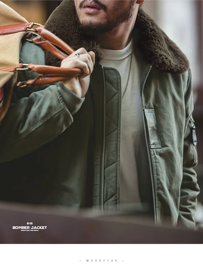 Maden Men's Vintage B-15 Bomber Jacket Green Khaki Faux Rabbit Fur Collar Thick Padded Winter Coat Warm Windproof Zipper Parka
