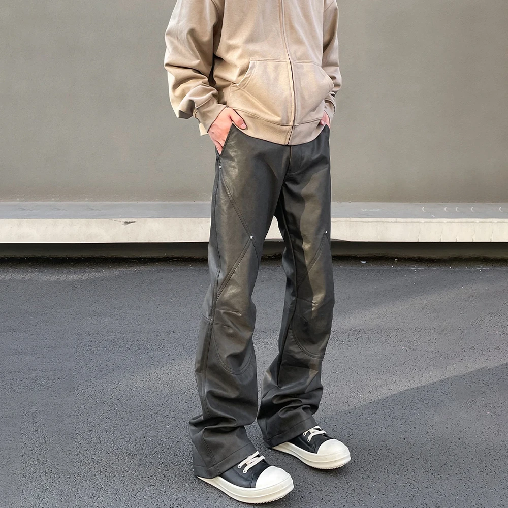 Leather Pants Men Streetwear Casual New Fashion Baggy Straight Leg Stacked Street Patchwork Original Y2k Flared Vintage Trousers