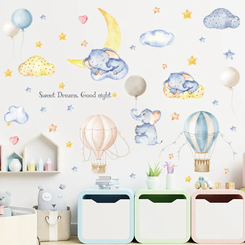 

Cartoon Elephant Cloud Moon Vinyl Removable Wall Stickers Kids room Bedroom Nursery Room Decoration Wall Decor Decals Art Murals