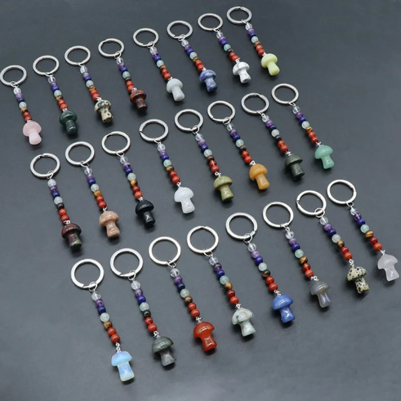 12pcsMushroomStatueKeyRings7ColorsChakraBeadsChainsStone