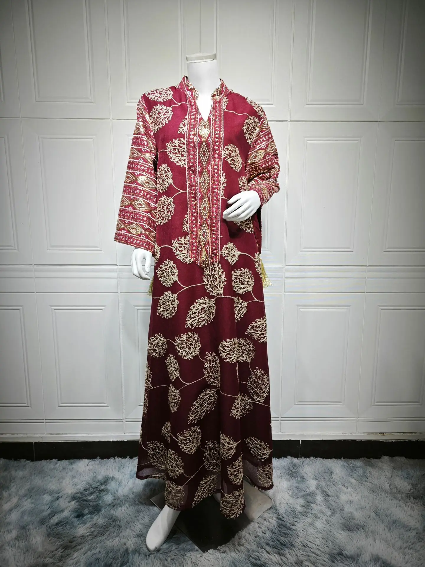 Zahraa Ramadan Dubai Stickerei Pailletten Maxikleid Dubai Lässiges, lockeres Abaya-Kleid Muslimisches Frauenkostüm Kleider für den Abschlussball – Detail 15