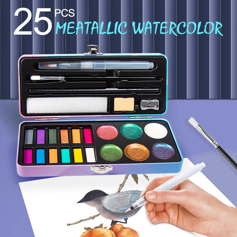 25 Pcs Solid Metallic Watercolor Paint Set for Art Drawing