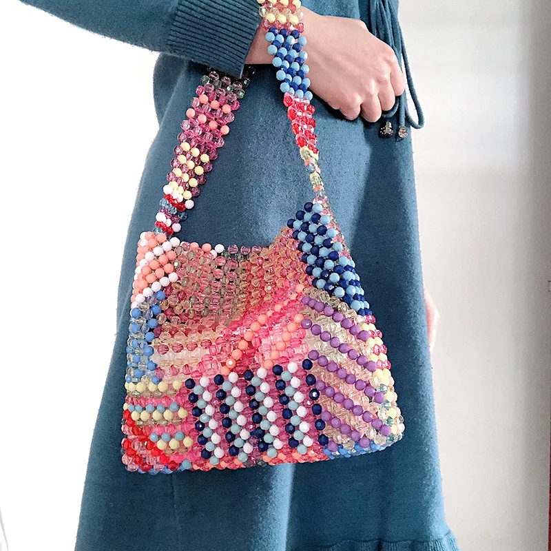 

Handmade Elegant Pearl Bag For Women 2021 New Fashion Colorful Beaded Chain Shoulder Bag Evening Party Handbag Purse Phone Bag