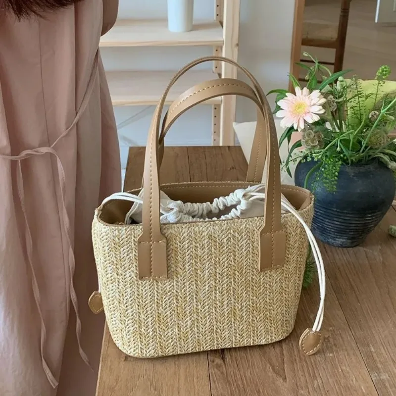 Niche Designe Handbag Straw Fabric Shoulder Bag Woven  Bucket Crossbody Purse Summer Beach Underarm Bags сумка женская bolsos