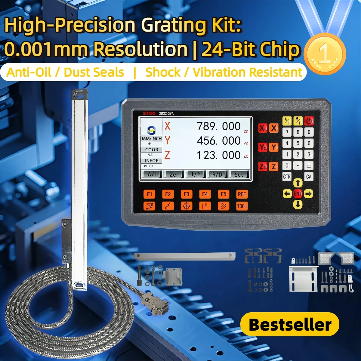 ความแม่นยําสูง 3 แกน LCD DRO ชุด Digital Readout และ 3 ชิ้น 0-1000 มม.5um 1um Linear Scale Encoder Sensor ตะแกรงไม้บรรทัด 1