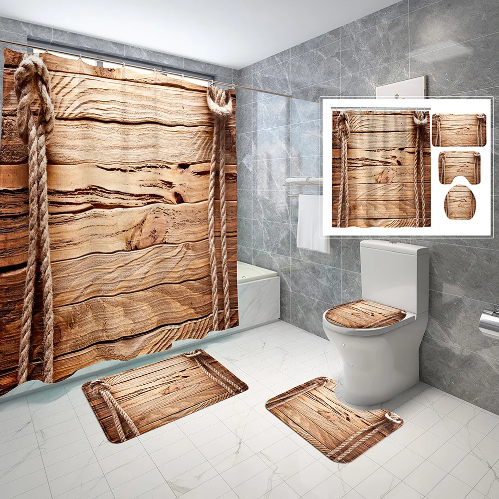 

Vintage Wooden Rustic Shower Curtain Sets Farmhouse Brown with Non-Slip Rugs Toilet Lid Cover Mat Waterproof Bathroom Decor Set