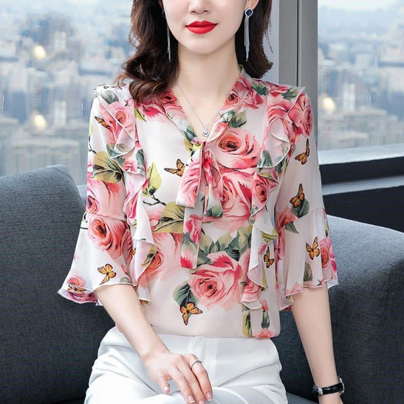 女性用ピンクの花柄シフォンブラウス オフィスウェア 愛らしい 半袖 夏 ブラウス Aliexpress