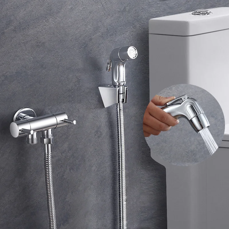 Ensemble de Pulvérisation pour Toilettes avec Fonction d'Sortie Double -  Kit Douchette WC - Tuyau Flexible de 2m inclus - Acier inoxydable - Argenté