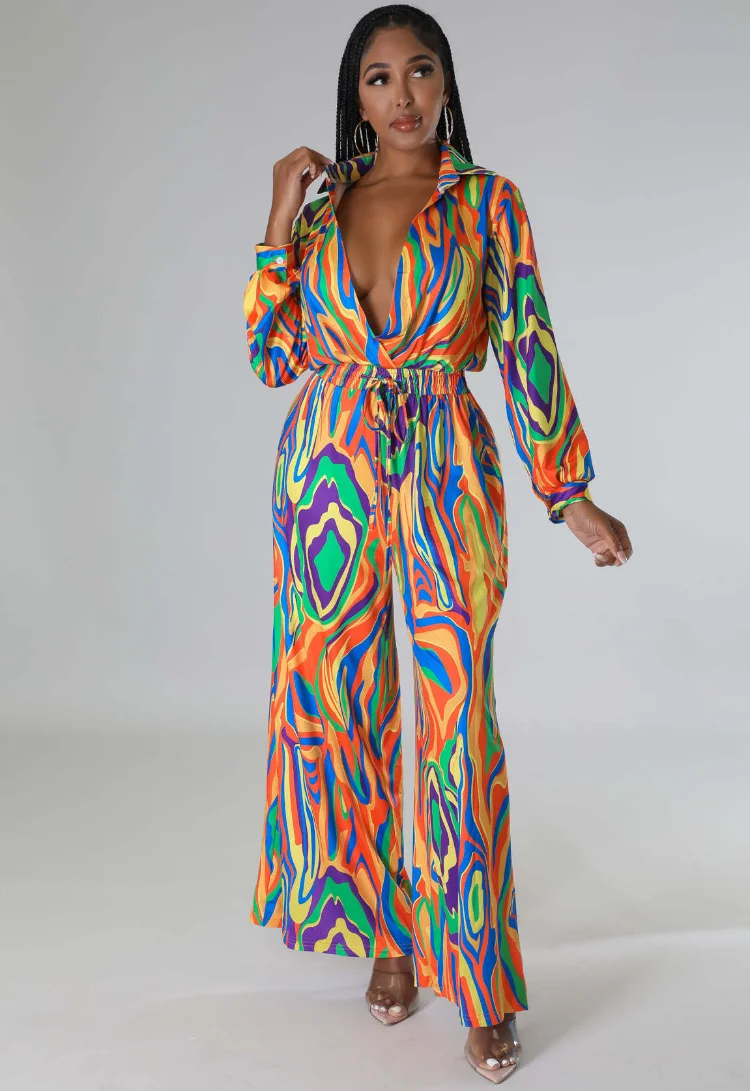

KEXU Multicolor Print Loose Straight Jumpsuit Fall Outfits Women Elegant Long Sleeve Shirt Rompers Sexy Club Party Overalls