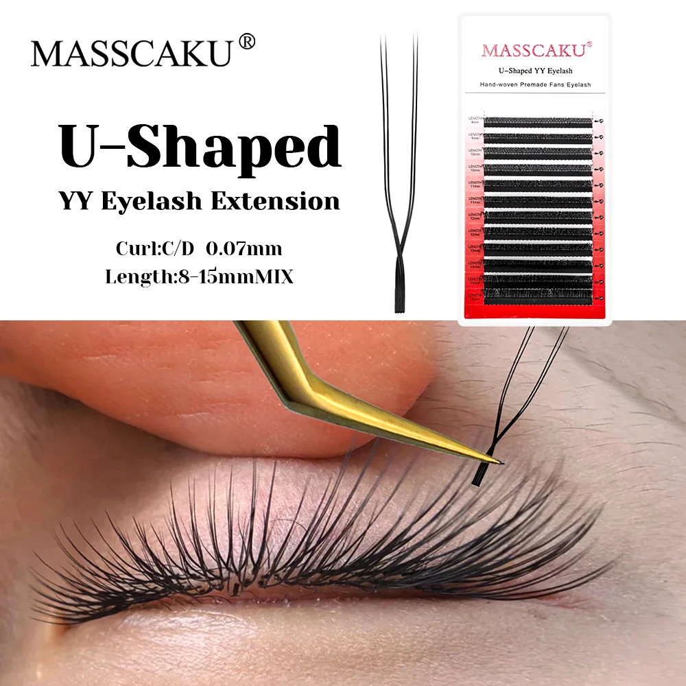 MASSCAKU U Shape YY False Eyelashes 8-15mm Mix C D Curl Double Tips Lashes Extension Hand-wowen Individual Eyelash Wholesale