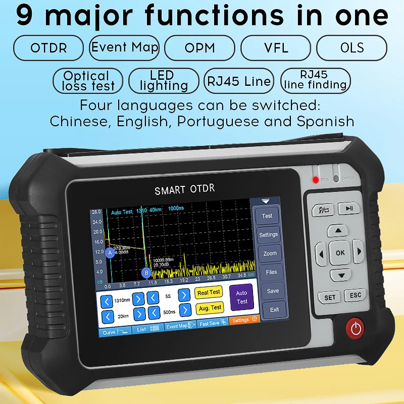 

Mini OTDR AUA 565/500/501/516/562 OTDR 22dB Fiber Optic Reflectometer Touch Screen VFL OLS OPM Event Map Ethernet Cable Tester