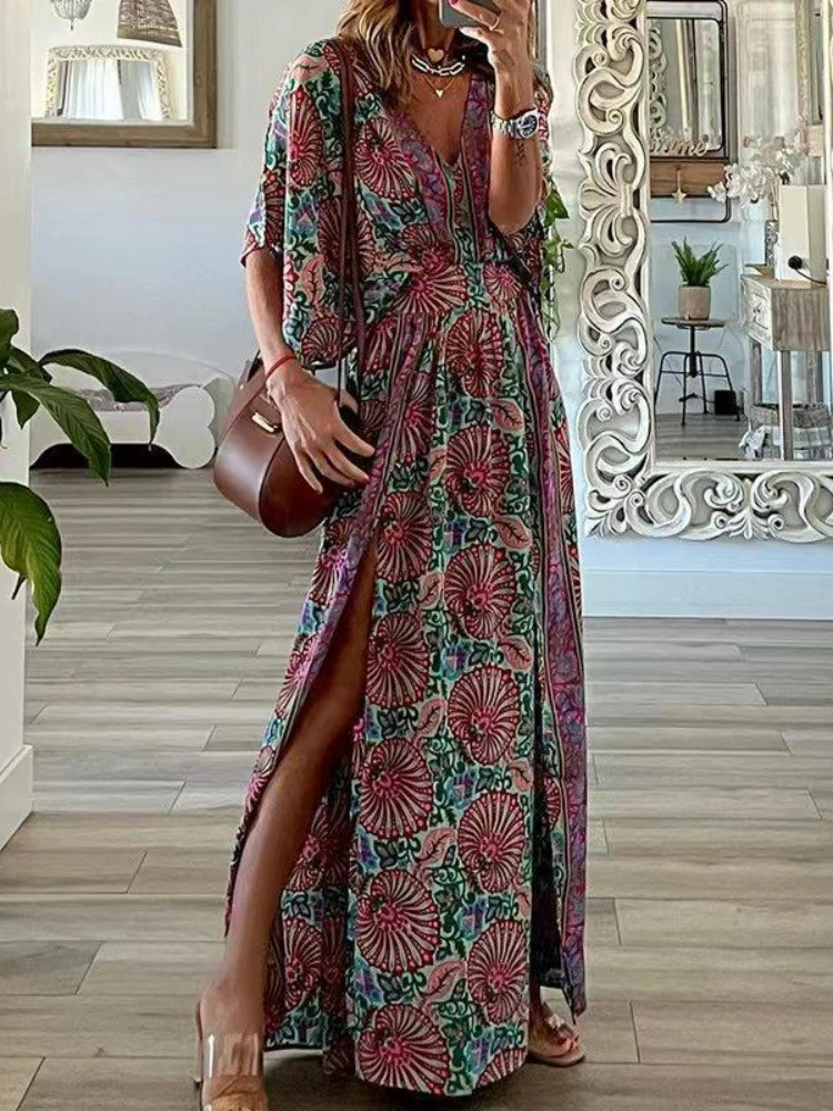 

2023 Autumn Fashion Elegant New V-neck Short Sleeve Loose Bohemian Side Split Long Dress Printed Retro Large Size Dress