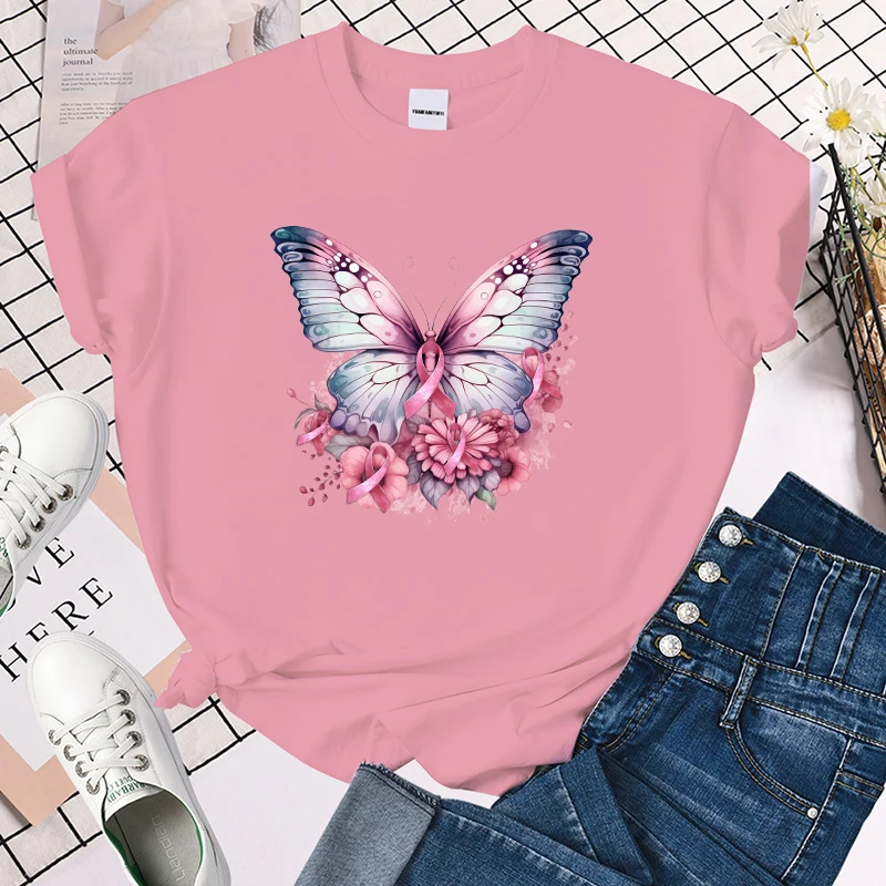 

(Premium T-shirt)New Hot Breast Cancer Awareness Pink Butterfly Print T-Shirts Women Summer Casual T-Shirts O Neck Short-Sleeved