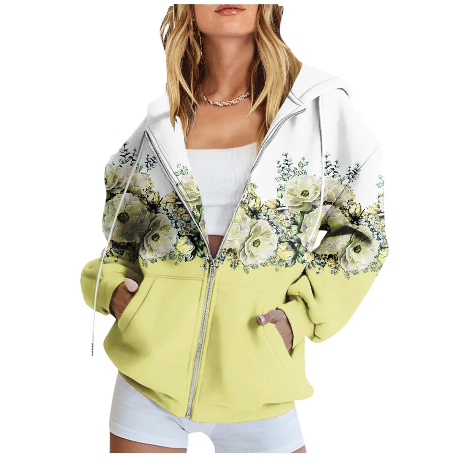 Casual Hoodie Women Fall Fashion Long Sleeve Floral Print Zip up