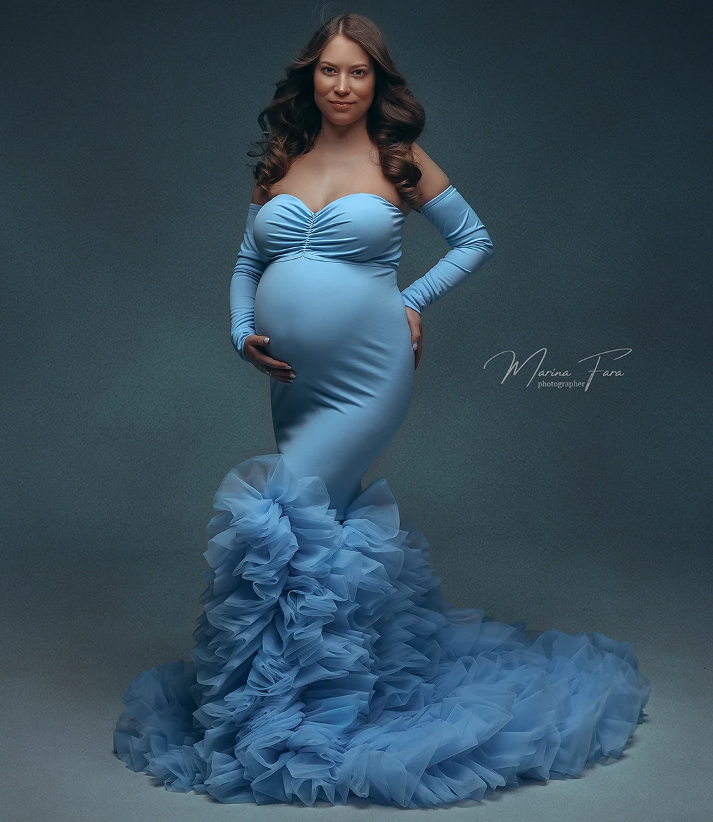 Charming Blue Mermaid Tulle Maternity Robes for Photography Sexy Sweetheart Pregnant Women Dresses Long Train Photo Shoot Gowns