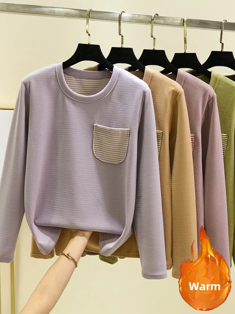 Thiened Winter Warm Base irt Women's round Ne ket T-irt Faionable Inner Wear Long Sve Fce Lined Top