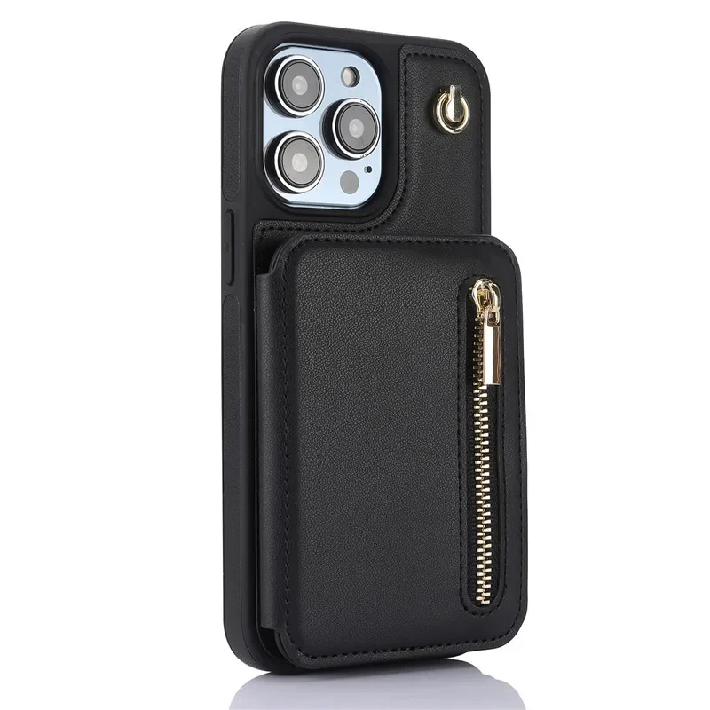 Lanyard Leather Zip Wallet Card Phone Case with Hand Rope Flip Cover