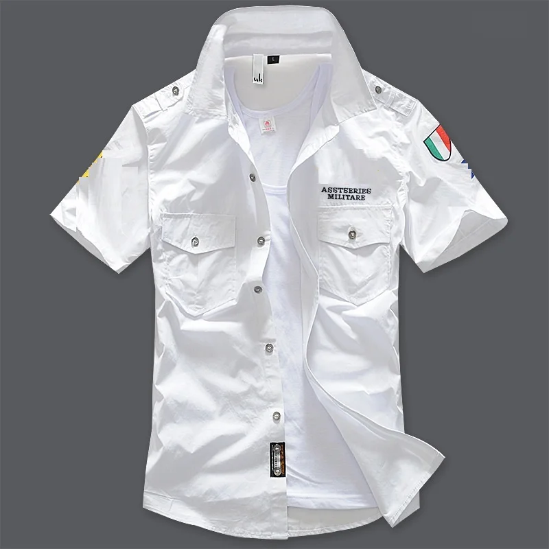 

Summer New Men's Shirts Embroidery Short Sleeve Tops 100% Cotton Cool Casual Air Force Male Millitary Cargo Shirt Plus Size 6XL
