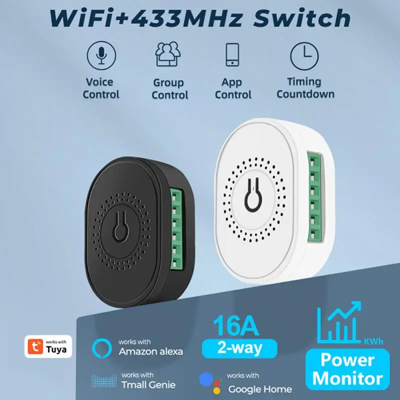 

Tuya 16A Wifi + RF 433 Mini Switch With Power Mornitor Double-way Timer Relay Smart Life Breaker Work With Alexa Home