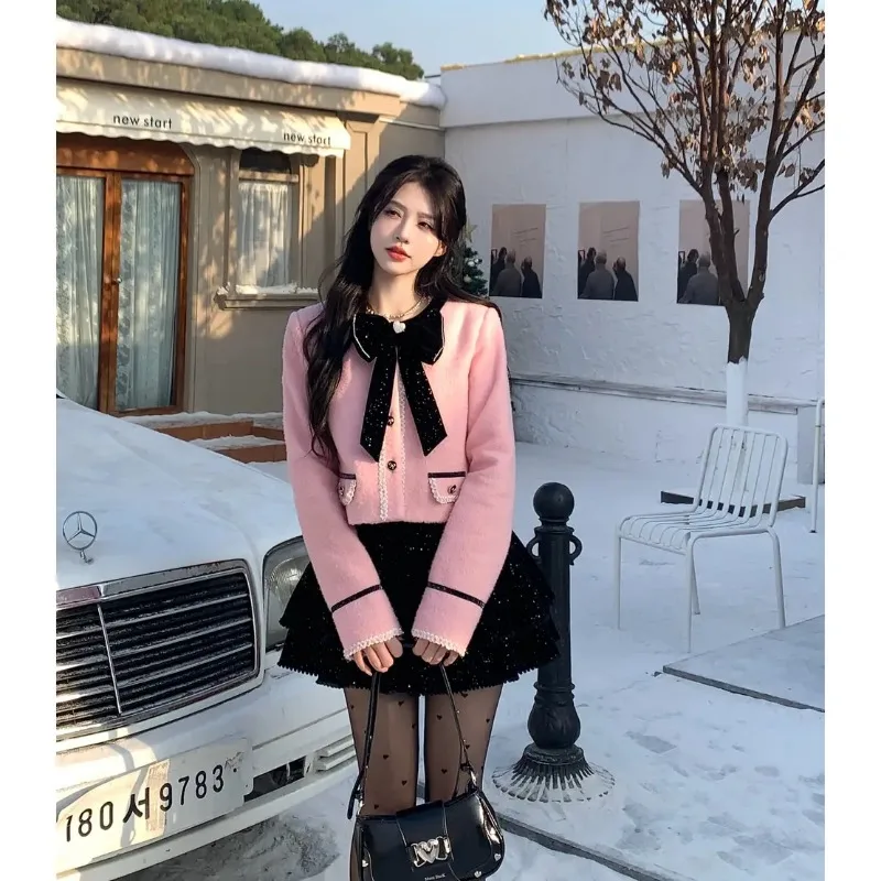 

Miiiix Korean Fashion Contrasting Color Small Fragrant Style Temperament Short Jacket Autumn and Winter Sweet A-line Skirt