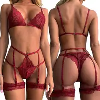 Soutien-gorge Sexy culotte et jarretelles Lingerie tenue sexuelle chaude transparente vin rouge dentelle exotique sous-vêtements pour femmes ensemble de soutien-gorge Costumes érotiques 1