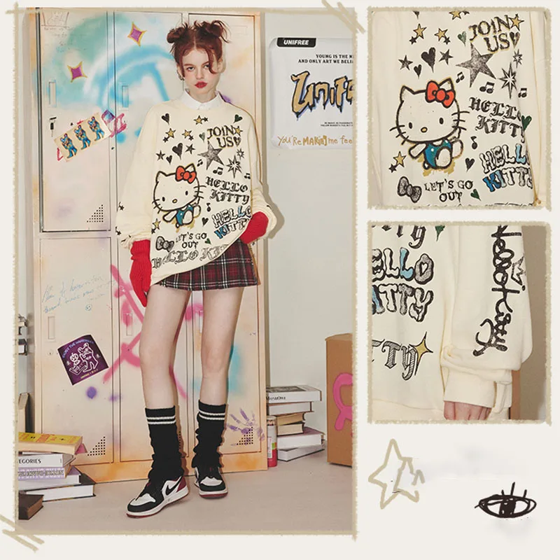 

Kawaii Sanrioed Anime New Girls Round Neck Loose Sweater Hellokittyed Cute Cartoon Cotton Graffiti Trend Slim All-Match Tops