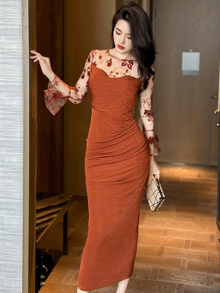 

Модное женское шикарное Сетчатое прозрачное пикантное длинное платье для выпускного вечера женское элегантное облегающее платье с круглым вырезом женское платье эластичная одежда